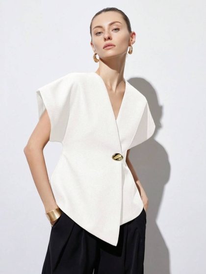 V-Neck Asymmetrical Hem Cap Sleeve Jacket