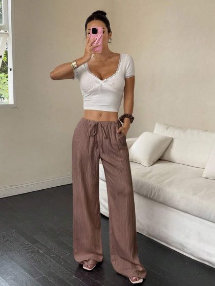 Flirla Loose Wide-Leg Drawstring Pants