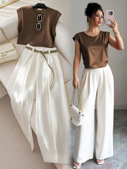 Contrast Round Neck Camisole & Pleated Pants Set