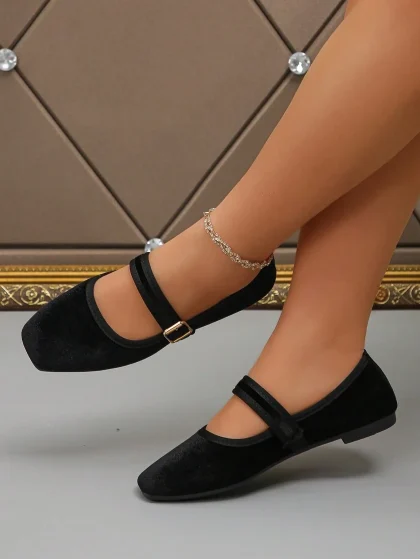 Wide Fit Square Toe Chain Ballet Flats (Black)