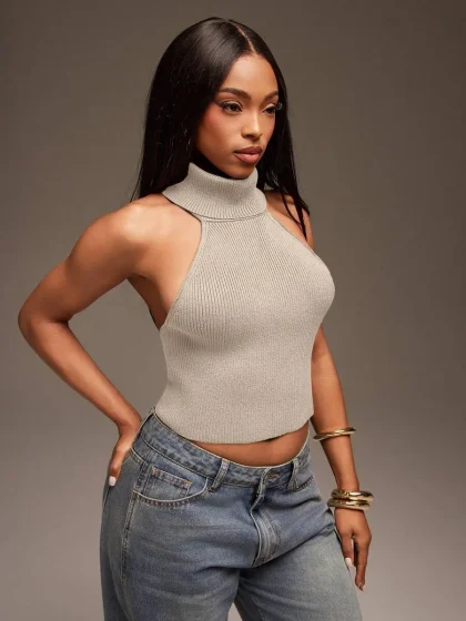 Denimoi High Neck Sleeveless O-Ring Sweater Halter Top, Sweater Top, Backless Top, Turtle Neck Sweater