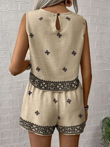Set Women Vacation Floral Print Sleeveless Shirt And Shorts Casual Set 2pc