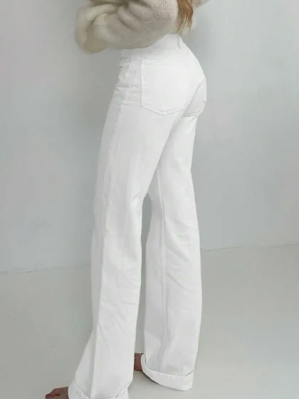 Women's White Straight Leg Denim Jeans – Slim Fit Casual Versatile Style