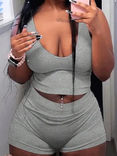 SHEIN Women's Summer Grey Tight & Sexy Slim Fit Tank Top And Shorts Set, For Going Out
