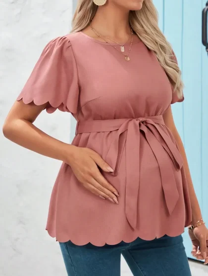 Maternity Casual Flared Short Sleeve Shirt With Shell Bottom Hemline