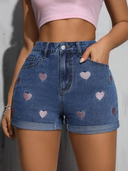 Women's Fashion Pink Heart Embroidered Cuffed Hem