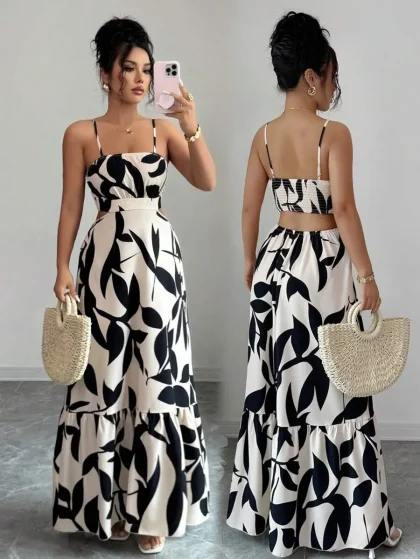 Rafferiza Women’s Printed Waist-Cinched Elegant Maxi Dress