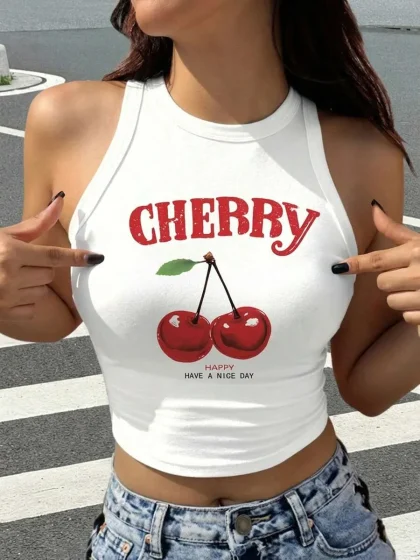 EZwear Casual Cherry Pattern White Slim Fit Women's Tank Top