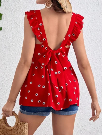 Maternity Daisy Pattern Tie Back Flounce Sleeve Ruffle Hem Blouse