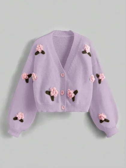 ROMWE Kawaii Women's Casual Floral Embellished Front Button Long Sleeve Cardigan