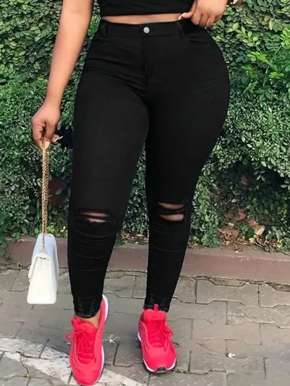 Women's Casual Solid Color Knee Ripped Distressed Skinny Jeans