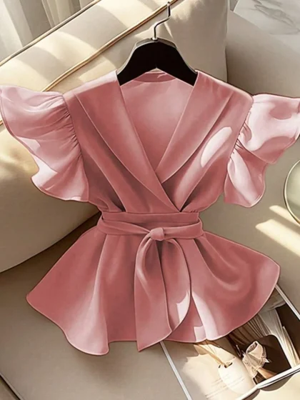 Elegant V-Neck Ruffle Sleeve Tie-Waist Shirt with Crisscross Belt