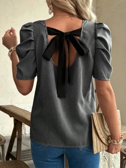 Maternity Casual Striped Puff Sleeve Shirt